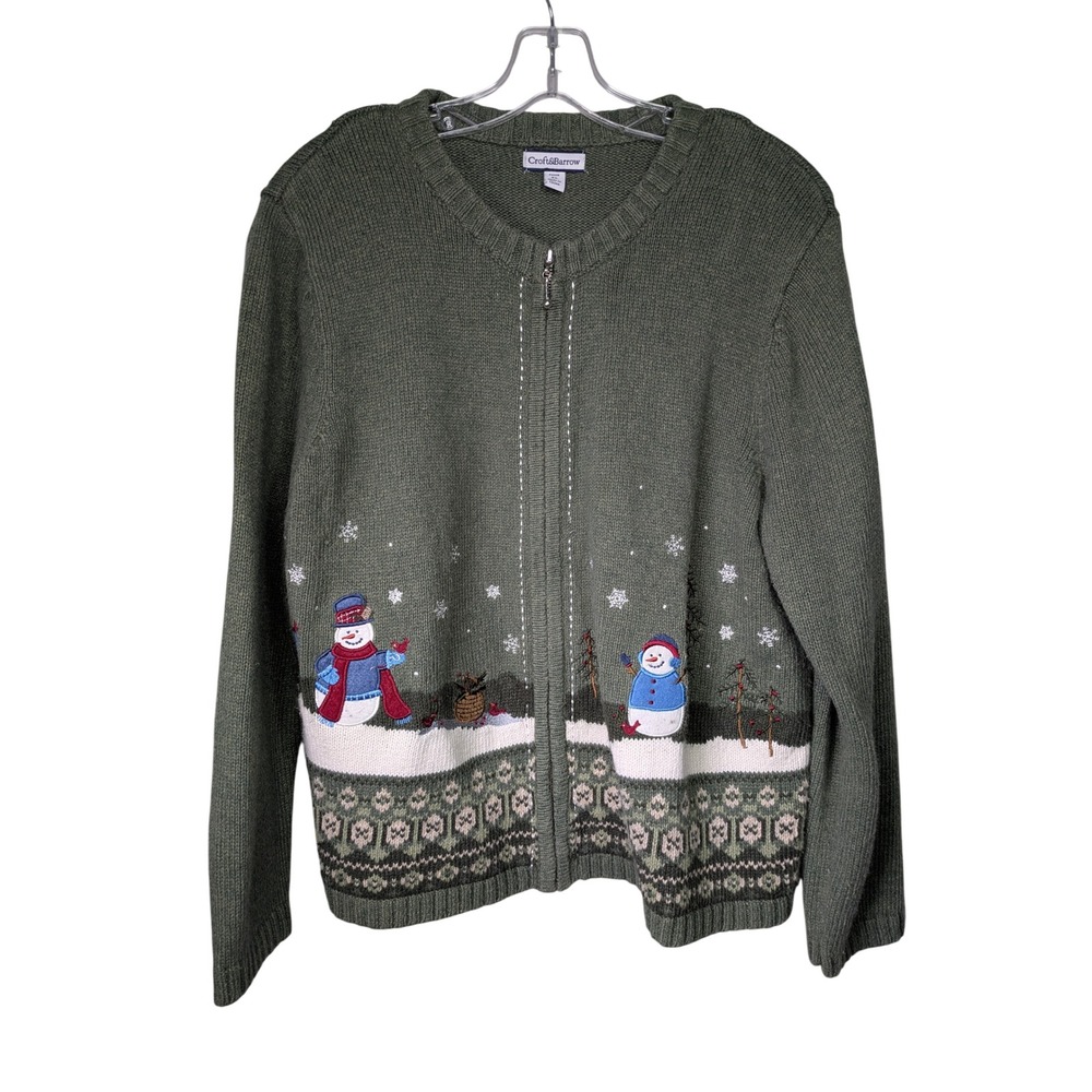 Croft & Barrow Womens PL Green Snowman Embroidered Full Zip Cardigan Sweater